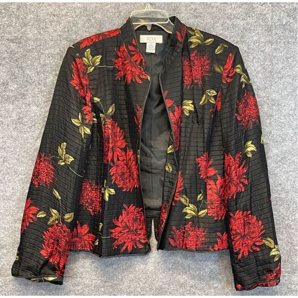 NEXX Women’s Jacket XL Black Red Floral Silk Linen Blend Open Front Quilted - Picture 1 of 11